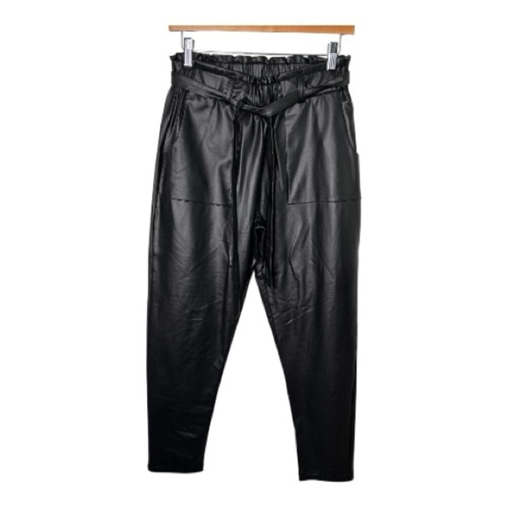 Shinestar Black Faux Leather Pull On Straight Leg Belted Pants Medium